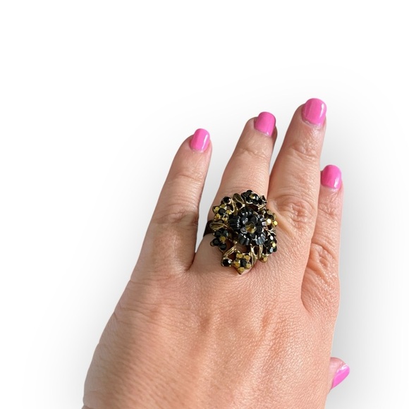 Michal Negrin Flower Swarovski Crystals Victorian Brass Fashion Adjustable Ring - Picture 2 of 9